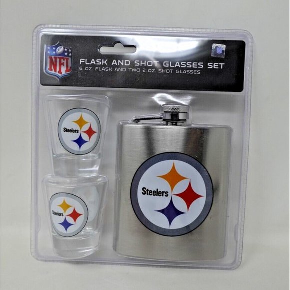 NFL Pittsburgh Steelers 6oz Flask  & 2oz Glass Shot, Stainless Steel - Picture 3 of 6
